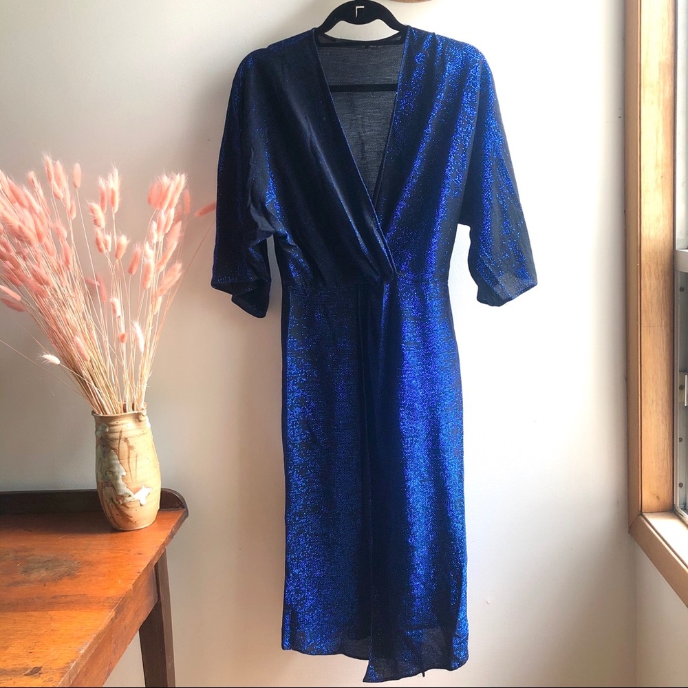 ZARA Lurex Metallic Blue & Black Draped Dress